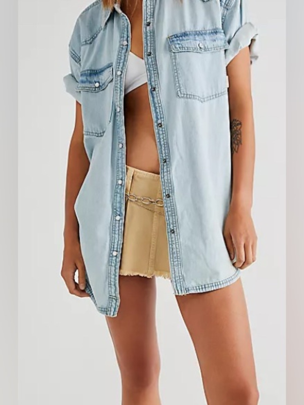 Free People “The Short of It” Light Blue Denim Oversized/Short Sleeve Shirt: M